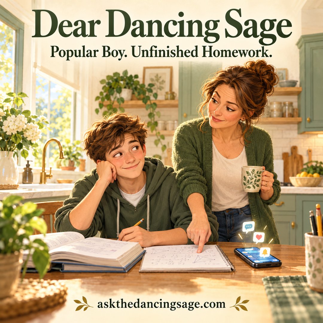 A smiling teenage boy at the kitchen table with his math homework while his mum points to the page, his phone lighting up with notifications beside him