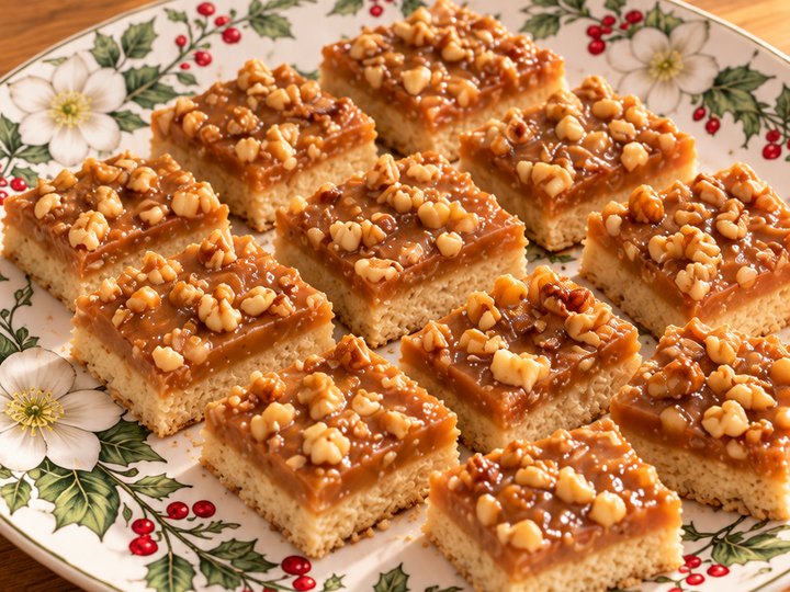 Butterscotch toffee bars on a Christmas plate