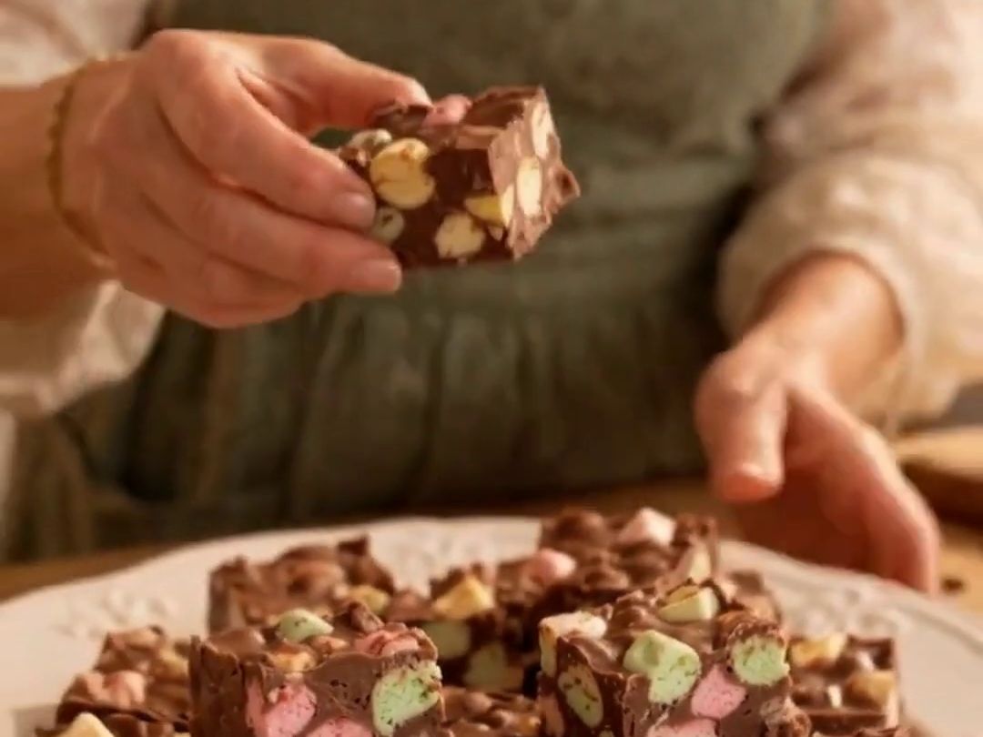 The Dancing Sage holding up a Chocolate Confetti Square over a plate of squares