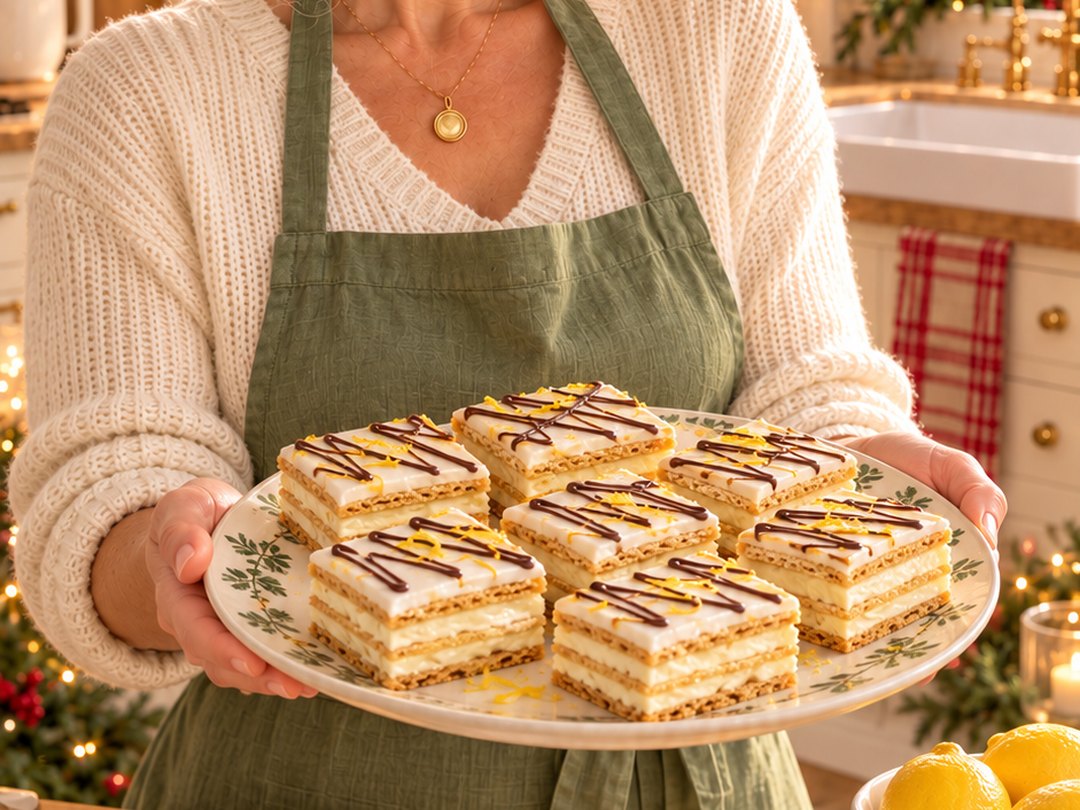 The Dancing Sage holding a plate of no-bake lemon squares with chocolate drizzle