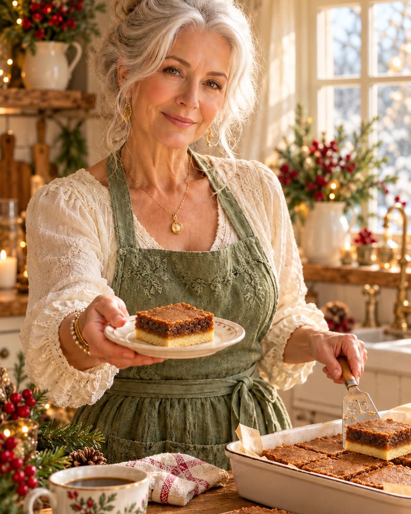 The Dancing Sage serving butter tart squares in a festive kitchen