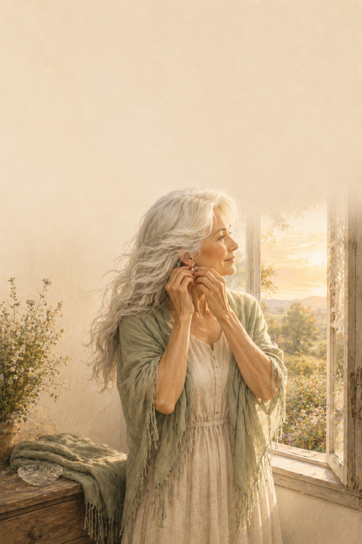 The Dancing Sage gently putting on an earring by a sunlit window, taking a quiet moment for herself