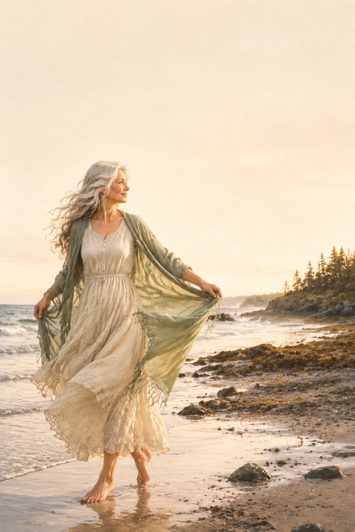 The Dancing Sage walking along the shore at sunset, wind moving through her hair and shawl