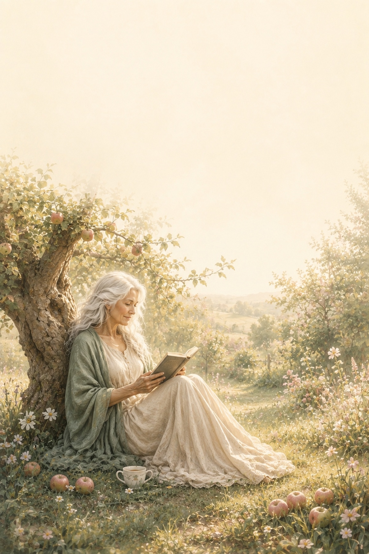 The Dancing Sage sitting quietly beneath an apple tree, reading, surrounded by wildflowers