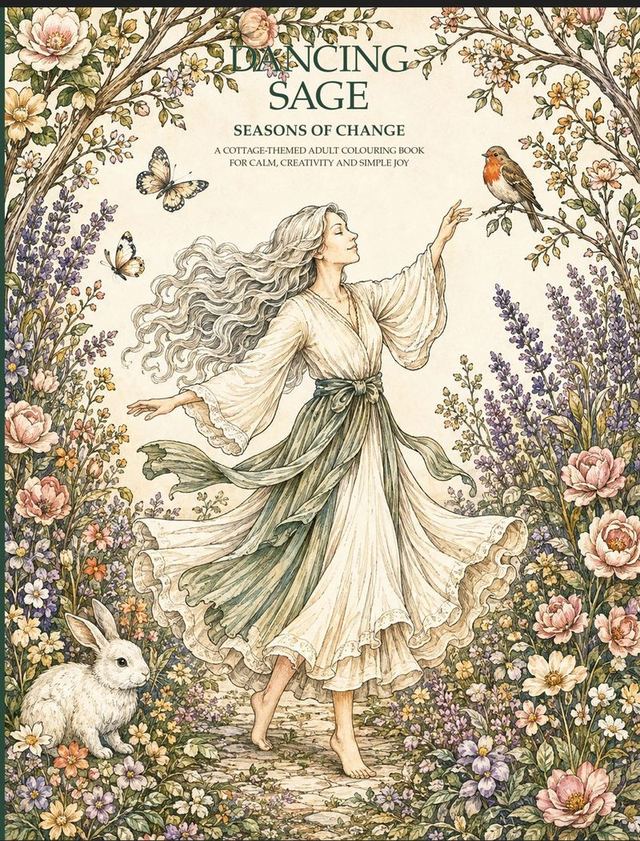 The Dancing Sage: Seasons of Change — a cottage-themed adult colouring book for calm, creativity and simple joy