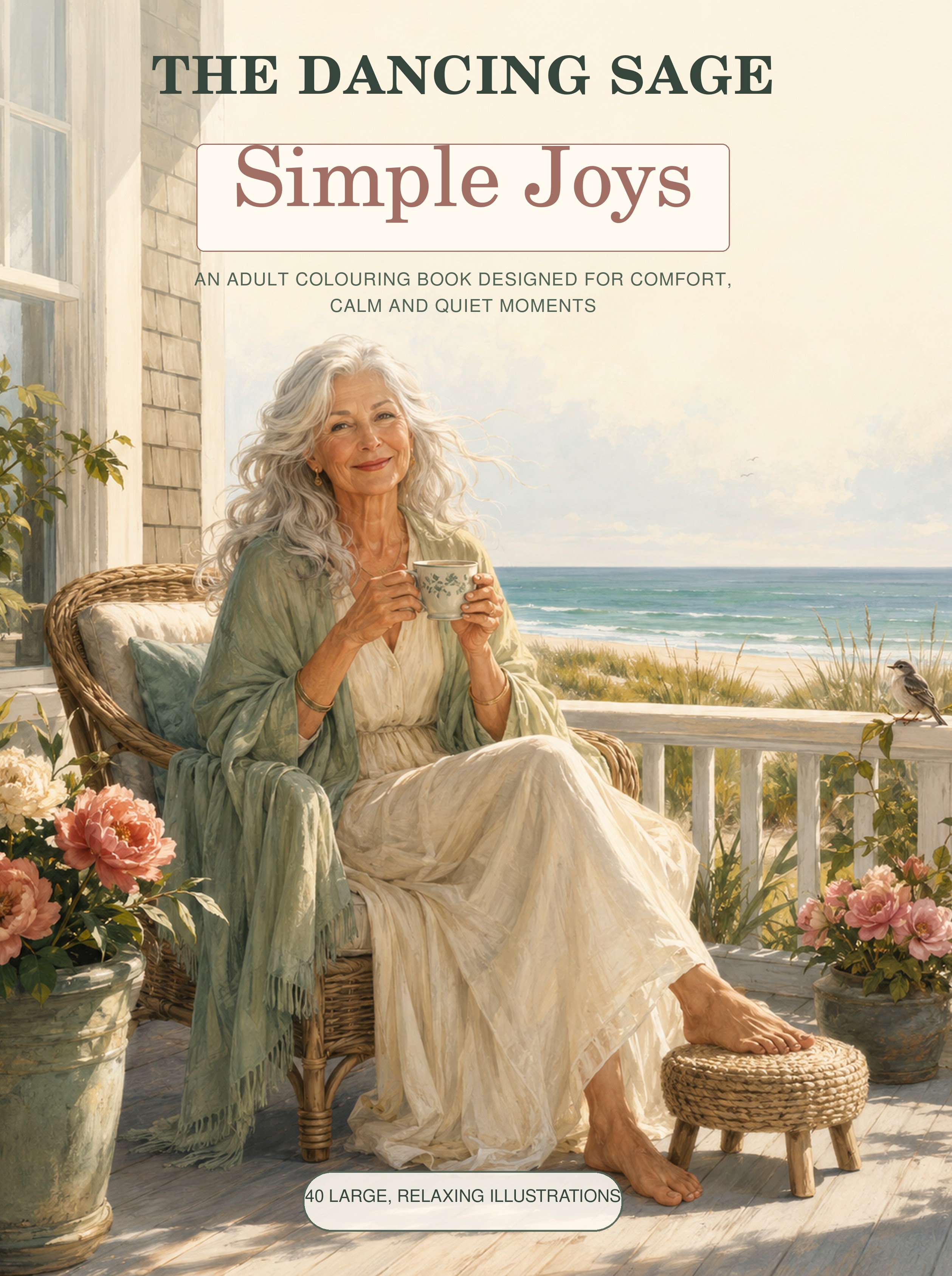 A woman sitting on a porch by the sea, holding a warm cup of tea in soft morning light